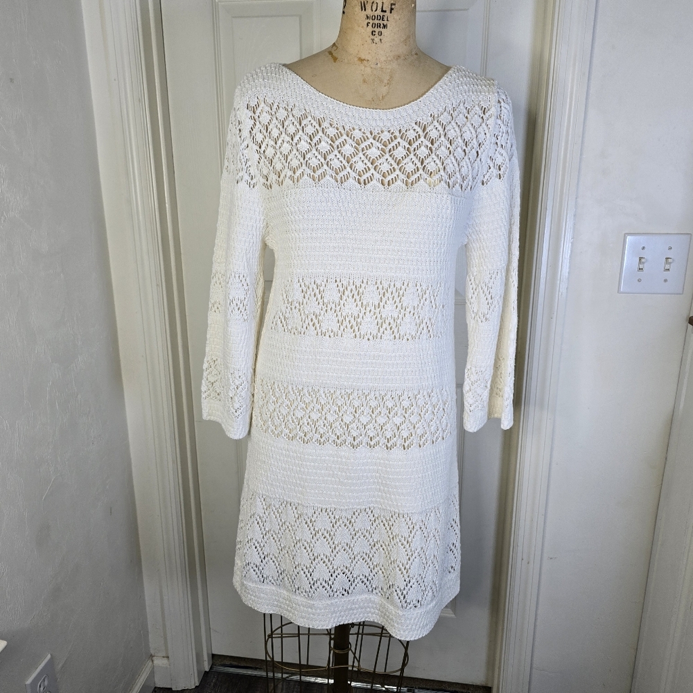 Draper James White Crochet Knit Dress Slip Womens Cotton Stretchy‎ L